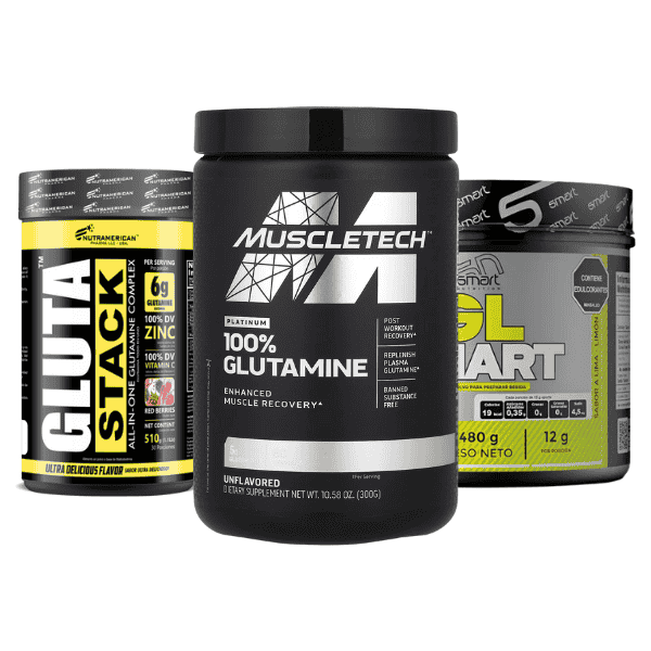 Imagen categorías destacadas mostrando la categoría glutaminas con varios potes de glutaminas como ejemplo