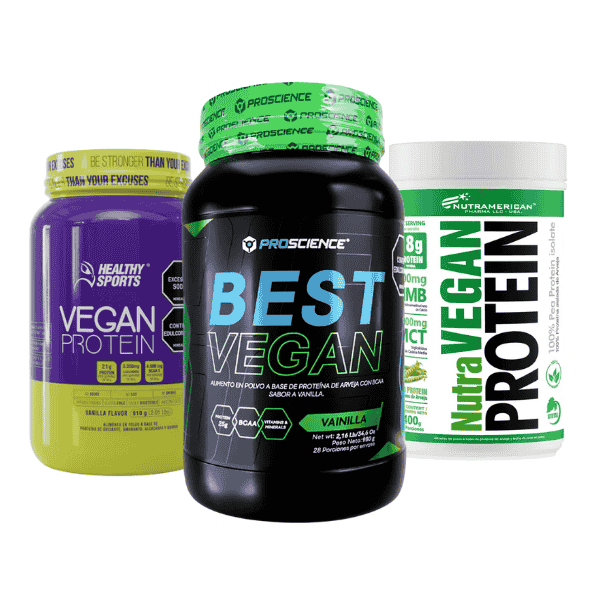 Imagen categorías destacadas mostrando la categoría proteinas veganas con varios potes de proteinas veganas como ejemplo