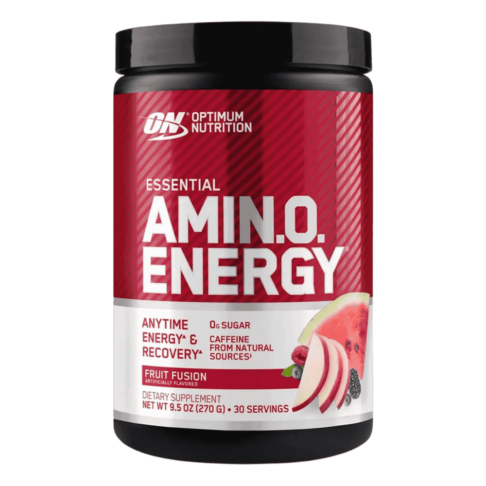 Pote de 30 servicios de Essential AmiN.O. Energy de Optimum Nutrition sabor fruit fusion, formato práctico.