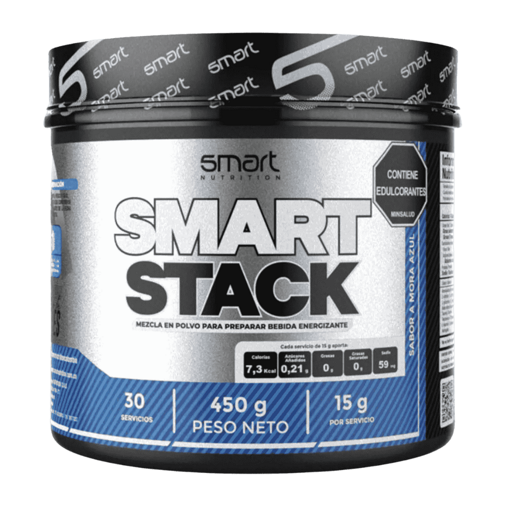 Pote de Smart Stack de Smart Nutrition sabor mora azul, fórmula completa de aminoácidos esenciales (EAA).