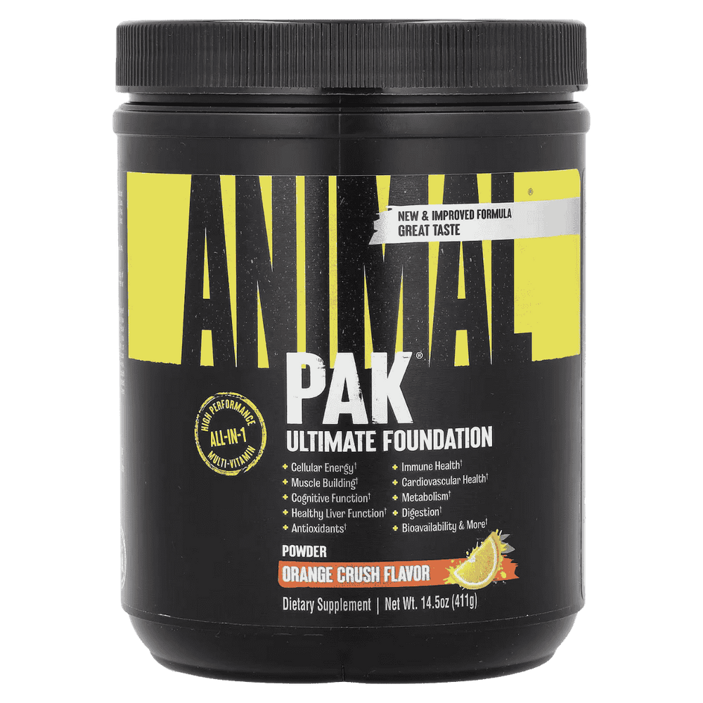 Pote del Animal Pak en polvo de 30 servicios, sabor naranja.