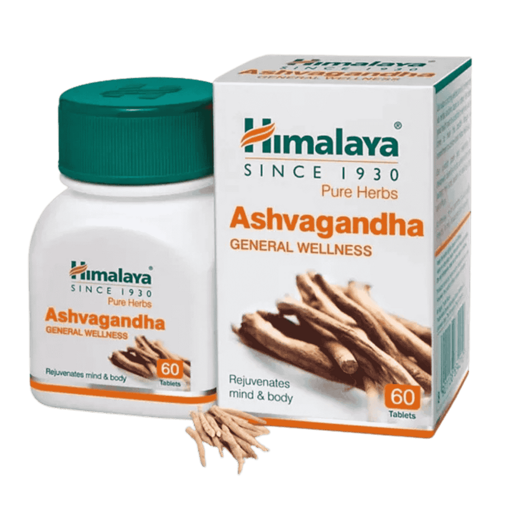 Frasco de 60 tabletas de Ashwagandha de Himalaya.