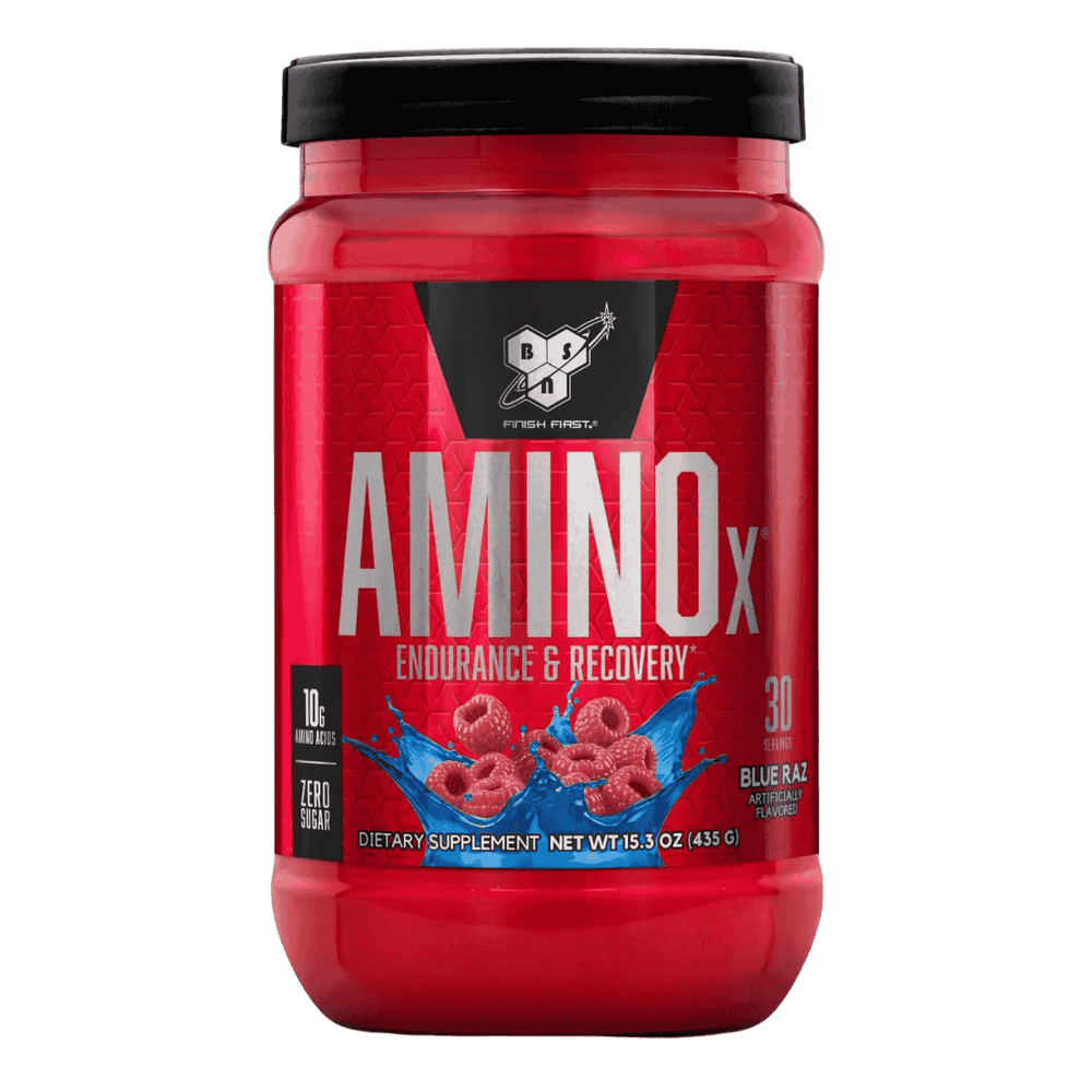 Pote de 30 servicios de Amino X de BSN sabor blue raz, formato práctico de BCAA efervescente.