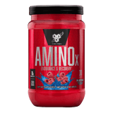 Pote de 30 servicios de Amino X de BSN sabor blue raz, formato práctico de BCAA efervescente.