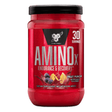 Pote de 30 servicios de Amino X de BSN sabor fruit punch, formato práctico de BCAA efervescente.