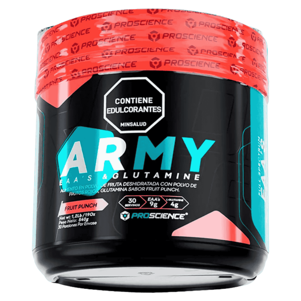 Pote de Army BCAA de Proscience sabor fruit punch, 30 servicios de aminoácidos en polvo.