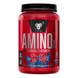 Pote de 70 servicios de Amino X de BSN sabor blue raz, BCAA efervescente para recuperación.