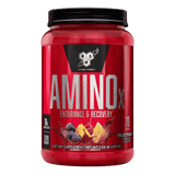 Pote de 70 servicios de Amino X de BSN sabor fruit punch, BCAA efervescente para recuperación.
