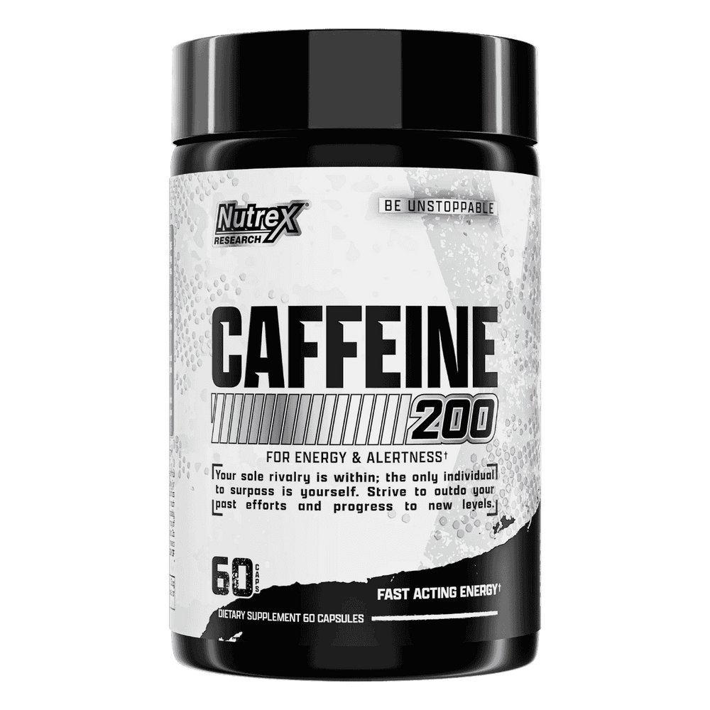Frasco de Caffeine 200 de Nutrex, con 60 cápsulas de 200mg de cafeína.