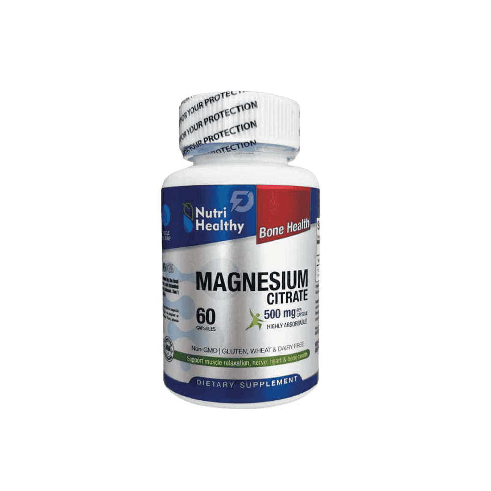 Frasco con 60 cápsulas de Citrato de Magnesio de 500mg.