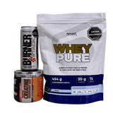 Combo de suplementos para definición muscular con proteína Whey Pure de 1 libra, creatina Healthy Sports de 50 servicios y un quemador Burner Stack en lata.