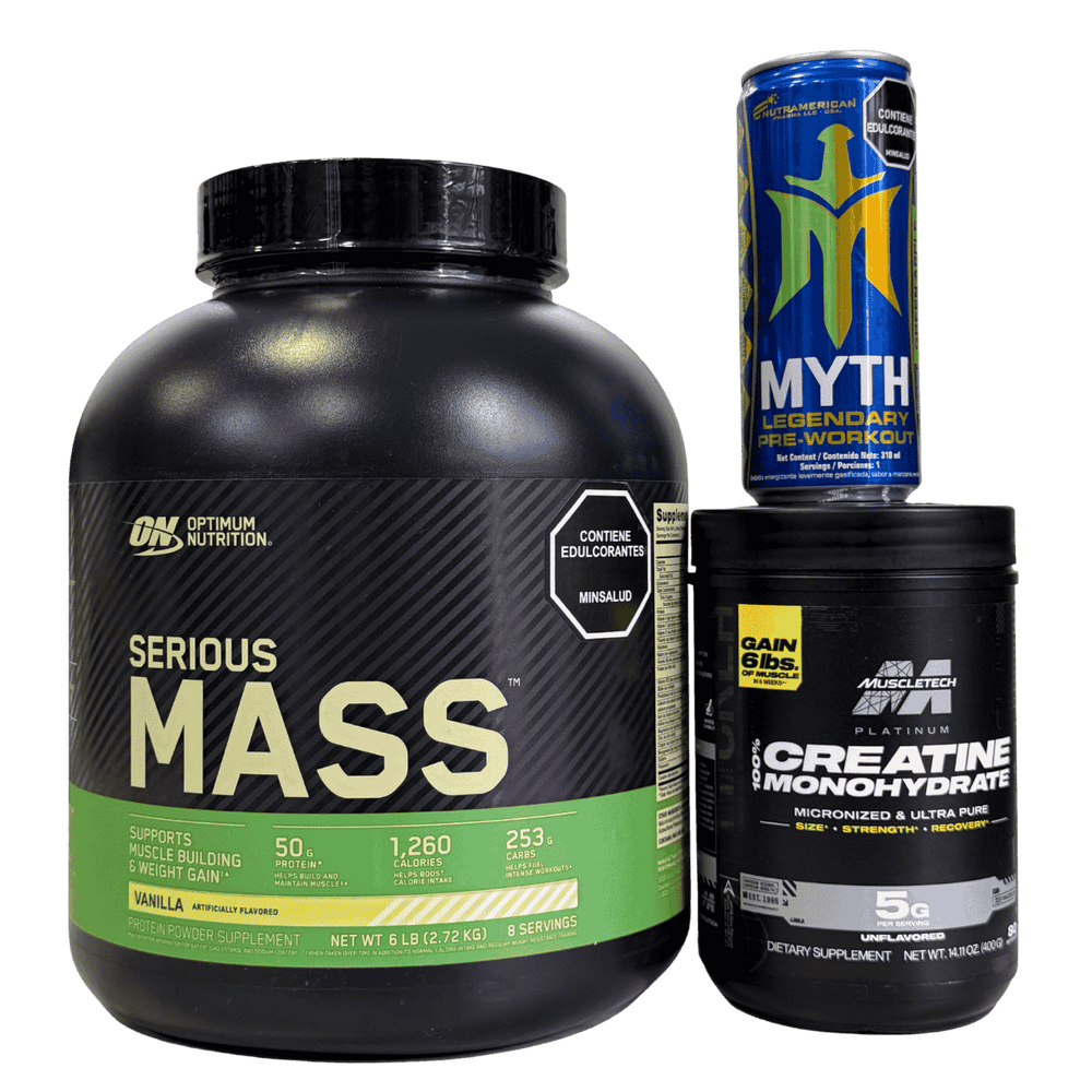Combo de suplementos para volumen con proteína hipercalórica Serious Mass de 6 libras, creatina Platinum de Muscletech de 80 servicios y un pre-entreno Myth en lata.