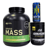 Combo de suplementos para volumen con proteína hipercalórica Serious Mass de 6 libras, creatina Platinum de Muscletech de 80 servicios y un pre-entreno Myth en lata.