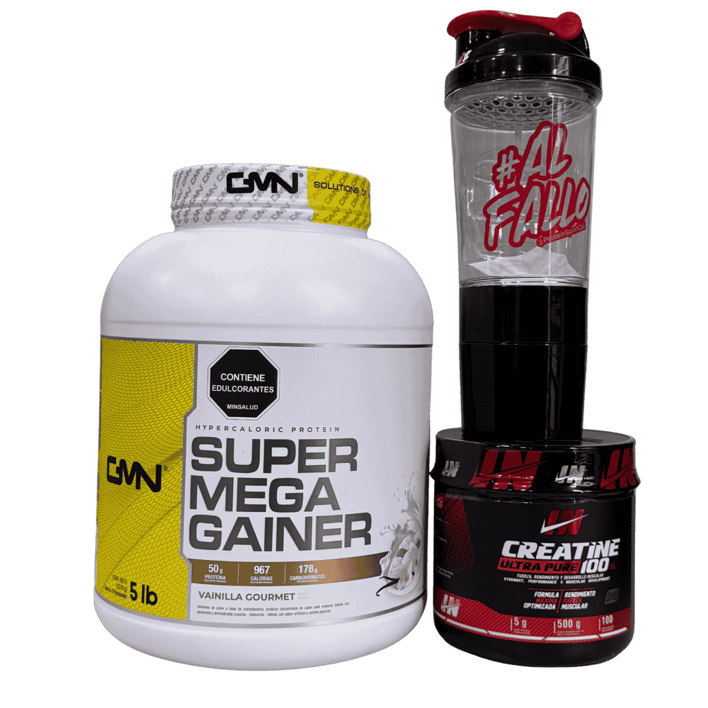 Combo de suplementos para volumen con proteína hipercalórica Super Mega Gainer de 5 libras, creatina Iron de 100 servicios y un shaker.