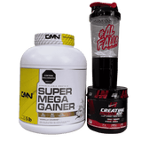 Combo de suplementos para volumen con proteína hipercalórica Super Mega Gainer de 5 libras, creatina Iron de 100 servicios y un shaker.