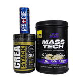 Combo de suplementos para aumento de masa muscular que incluye una proteína hipercalórica Mass Tech de 4 libras sabor vainilla, una creatina Creastack y una lata de pre-entreno Myth.