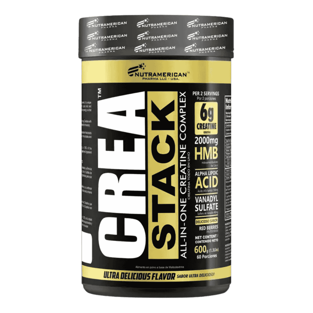 Pote de Creastack de Nutramerican, fórmula de creatina avanzada post-entrenamiento sabor red berrys.