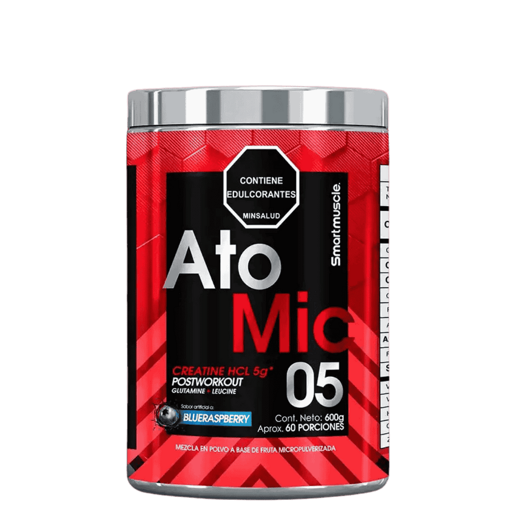 Pote de Atomic de Smart Muscle sabor blueraspberry, 60 servicios de creatina HCL con leucina y glutamina.