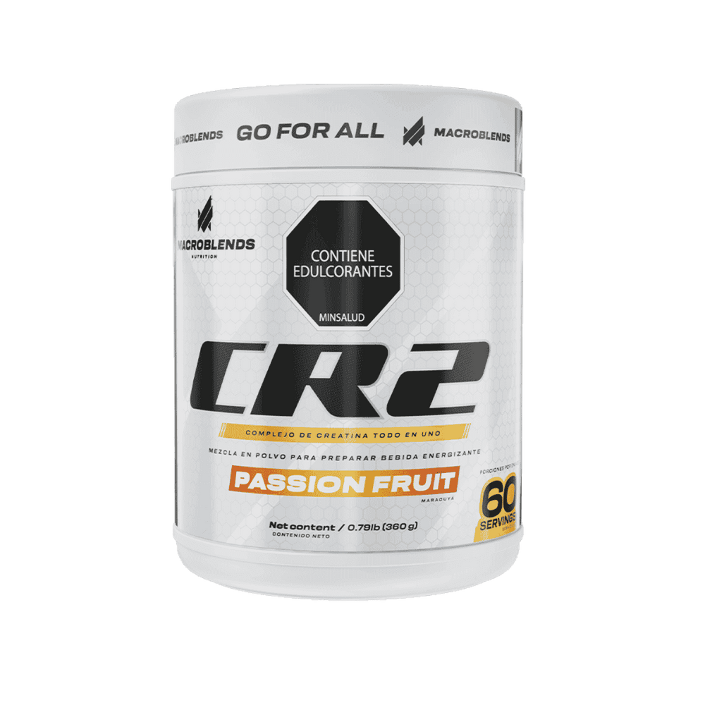 Pote de Creatina CR2 de Macroblends, mezcla de monohidrato y HCL sabor passion fruit.