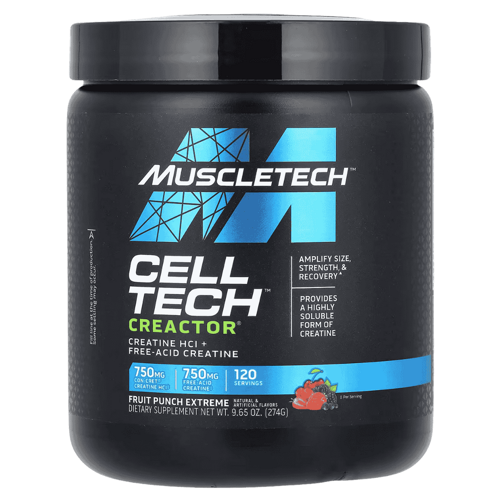 Pote de Cell-Tech Creactor de Muscletech sabor fruit punch extreme, 120 servicios de creatina HCL ultra concentrada.