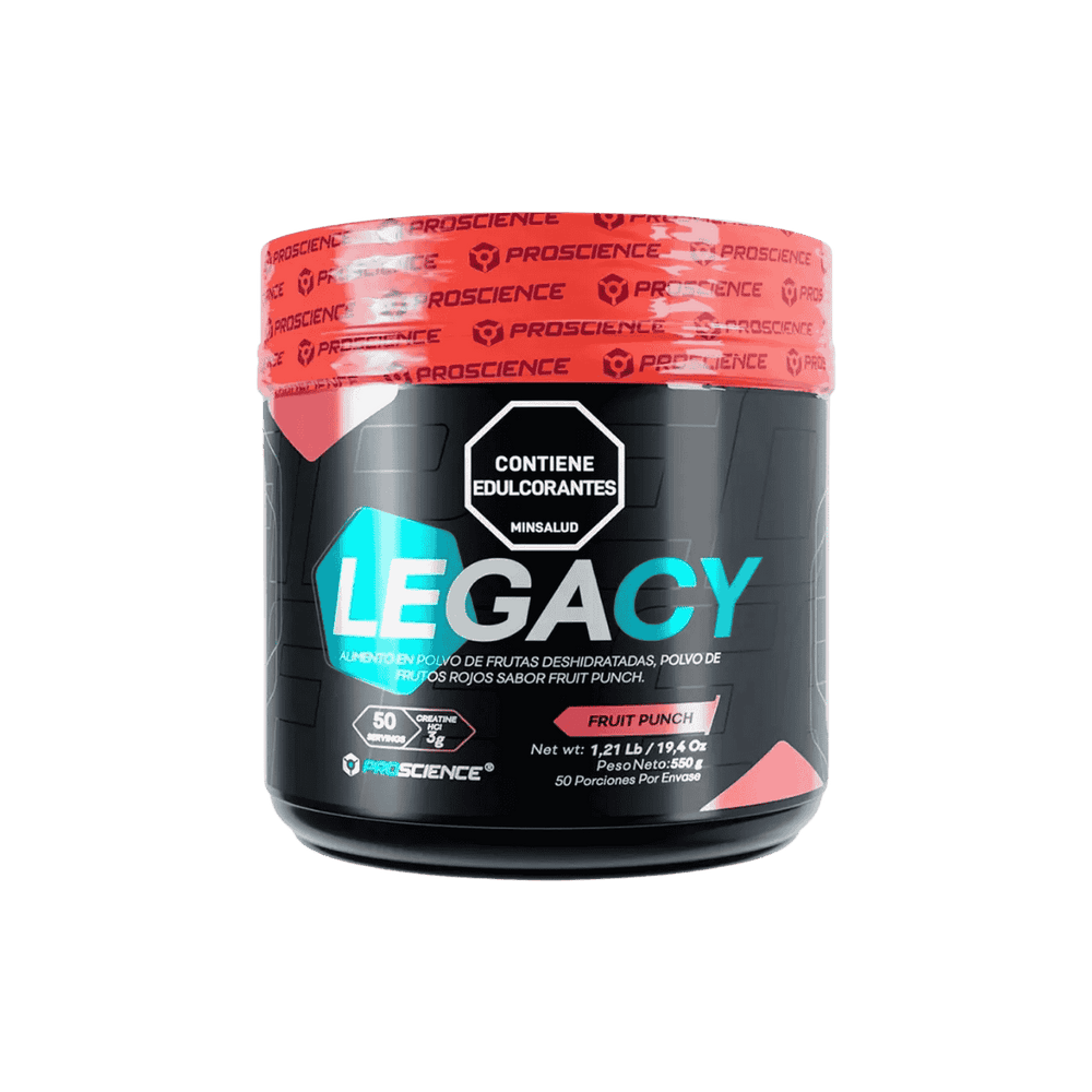 Pote de Legacy de Proscience, 50 servicios de creatina con HMB sabor fruit punch.