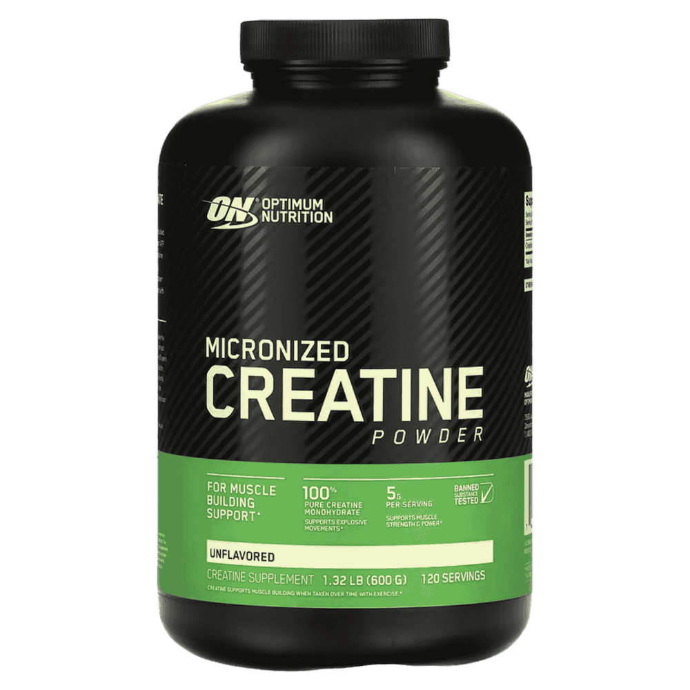 Pote de Creatine Powder de Optimum Nutrition (ON), 120 servicios de creatina monohidratada.