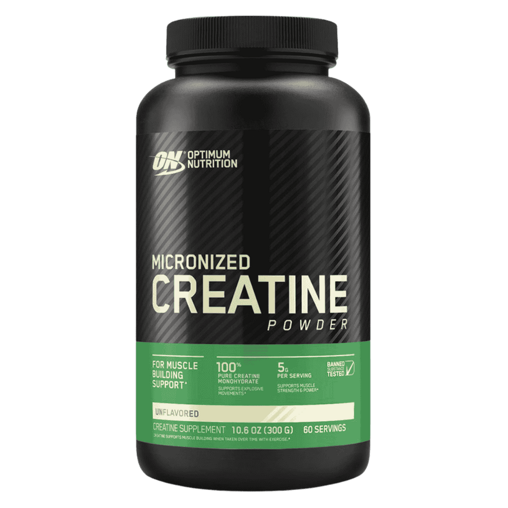 Pote de Creatine Powder de Optimum Nutrition (ON), 60 servicios de creatina monohidratada.