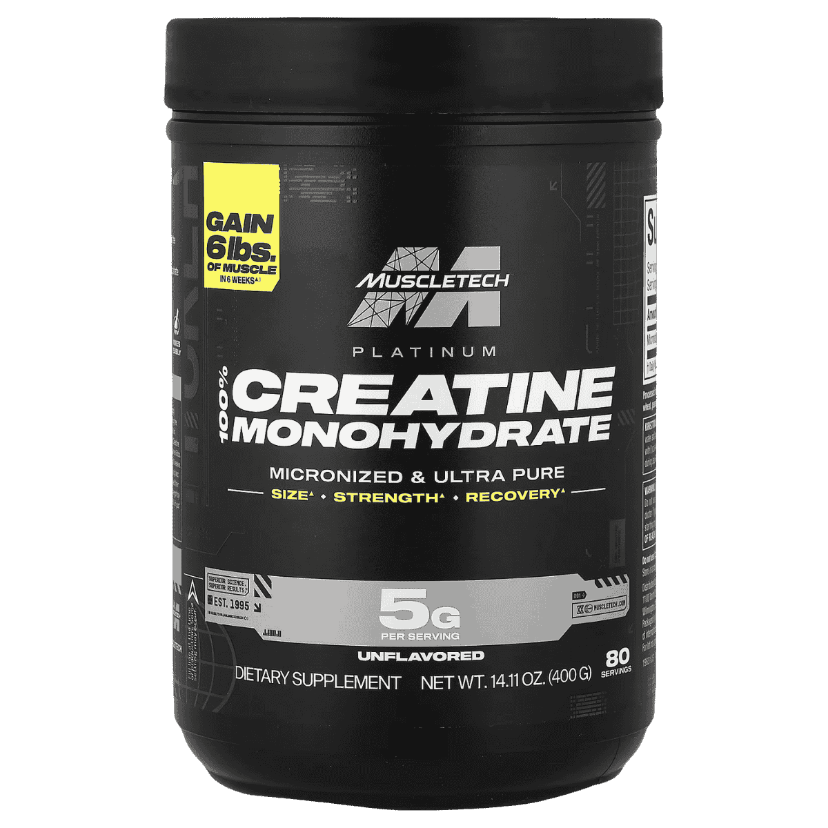 Pote de Platinum 100% Creatine de Muscletech, 80 servicios.