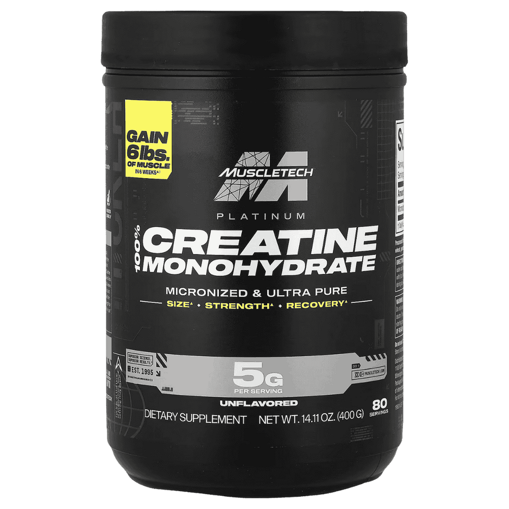 Pote de Platinum 100% Creatine de Muscletech, 80 servicios.