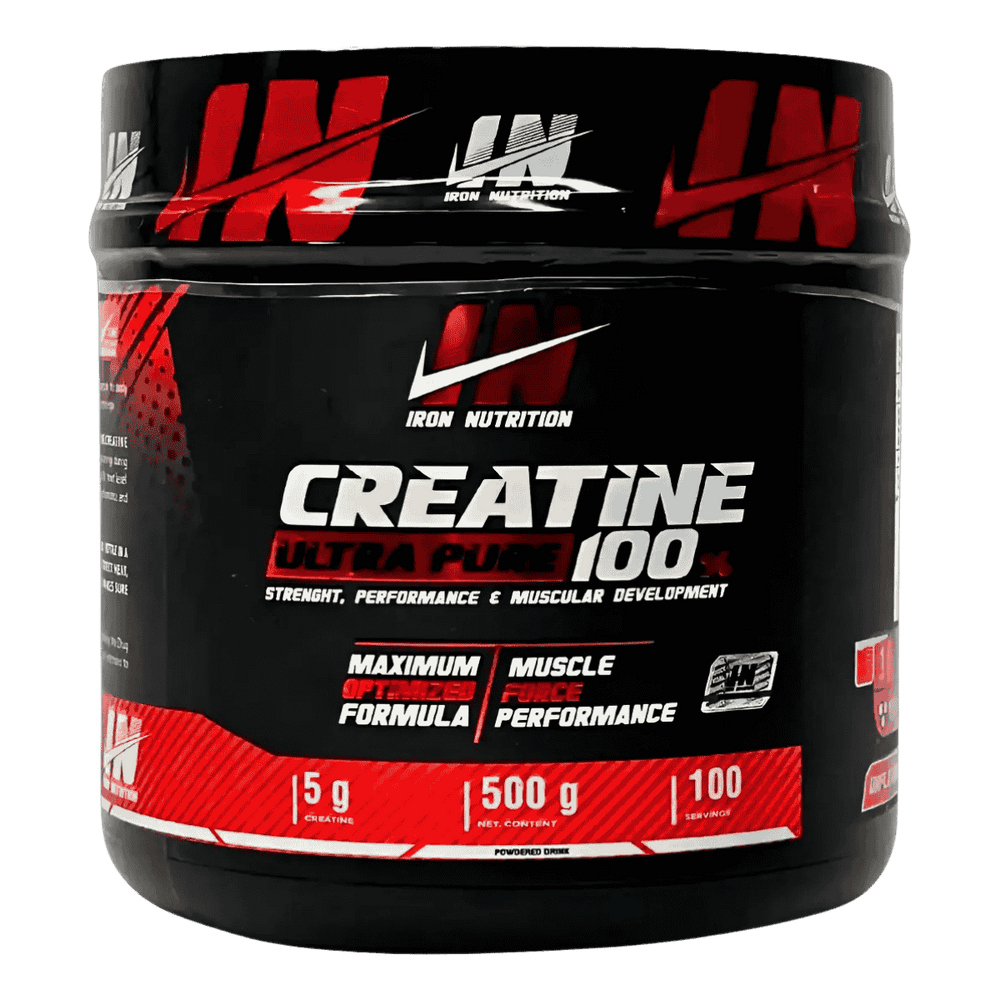 Pote de Creatina Ultra Pure de Iron Nutrition, 100 servicios.
