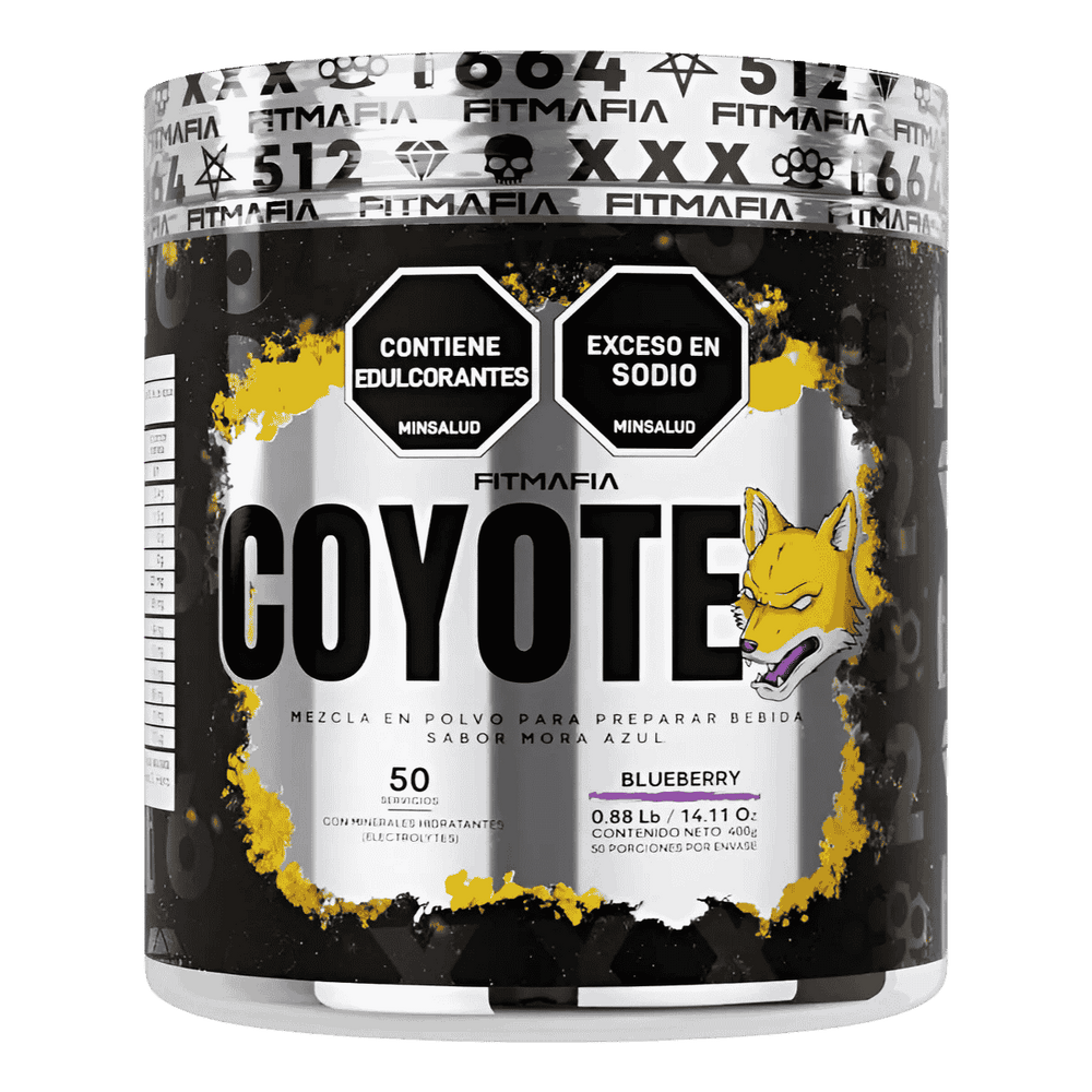 Pote de 50 servicios del energizante en polvo Coyote de Fitmafia sabor blueberry.