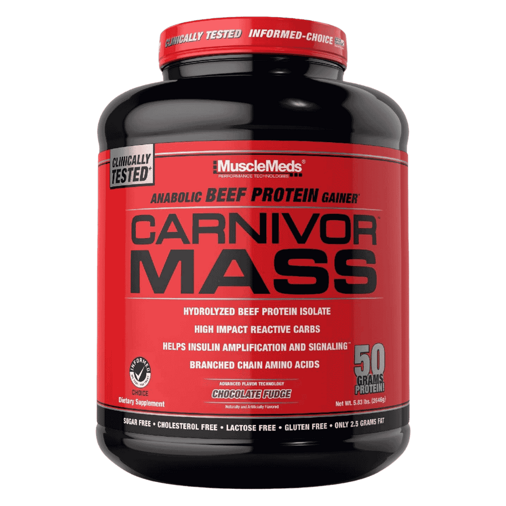 Pote de 6 libras de Carnivor Mass de MuscleMeds sabor chocolate fudge, el ganador de peso a base de proteína de carne.