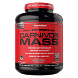 Pote de 6 libras de Carnivor Mass de MuscleMeds sabor chocolate fudge, el ganador de peso a base de proteína de carne.