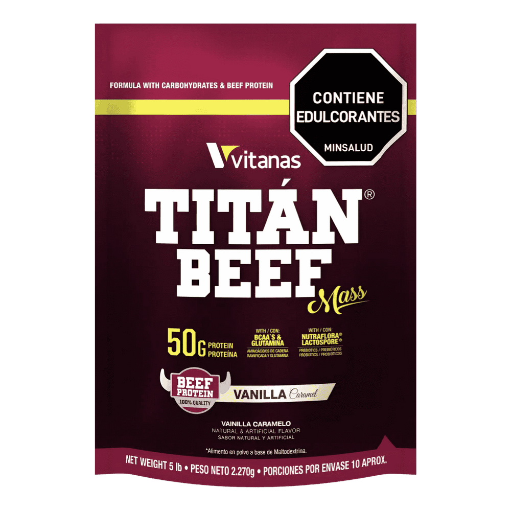 Bolsa de 5 libras de Titan Beef Mass de Vitanas, ganador de peso de proteína de carne.