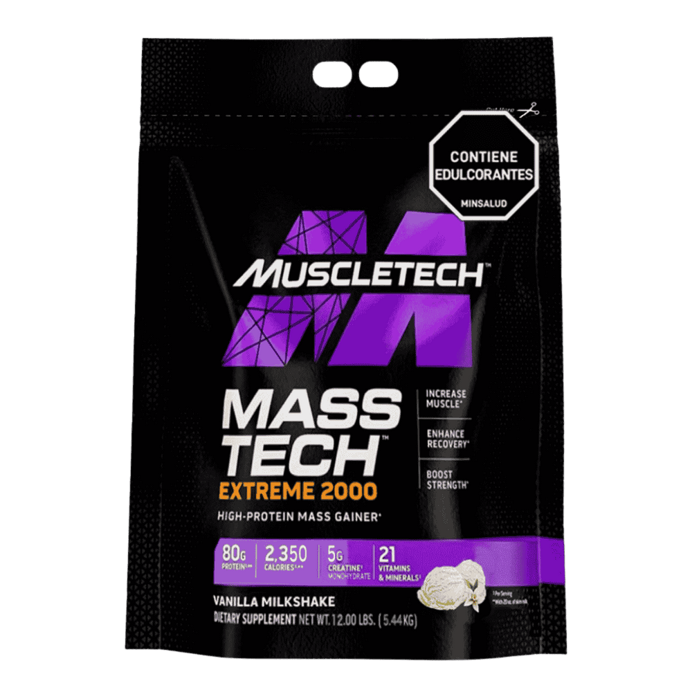 Bolsa de 12 libras de Mass-Tech Extreme 2000 de Muscletech, ganador de peso extremo sabor vainilla milkshake.