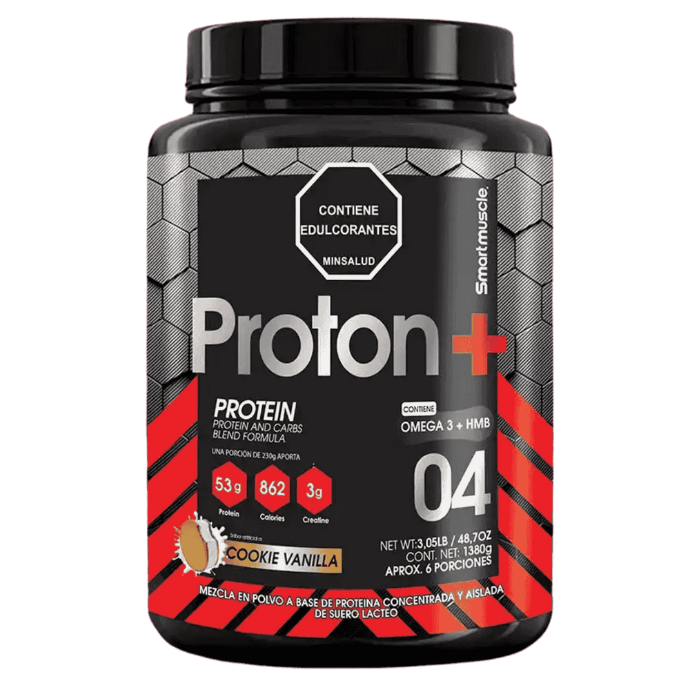 Pote de 3 libras de Proton + Gainer de Smart Muscle, ganador de peso alto en proteína sabor cookie vainilla.