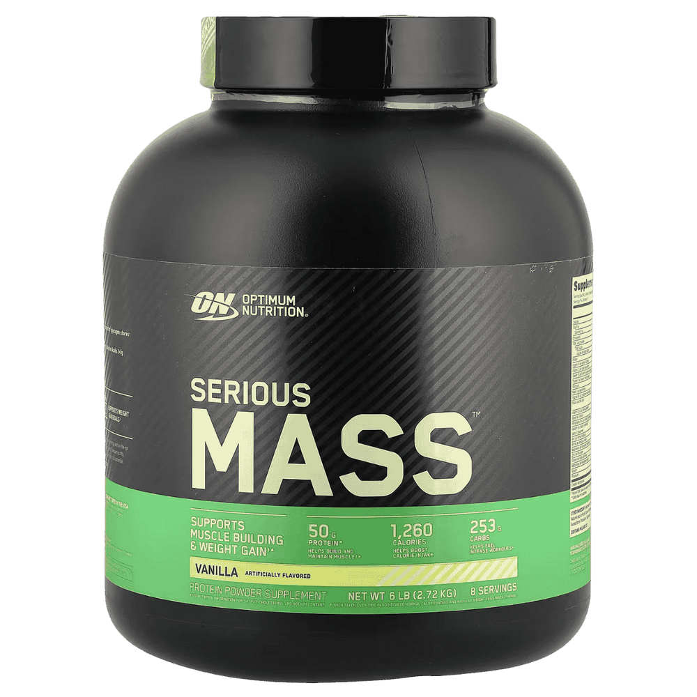 Pote de 6 libras de Serious Mass de Optimum Nutrition, ganador de peso hipercalórico sabor vainilla.