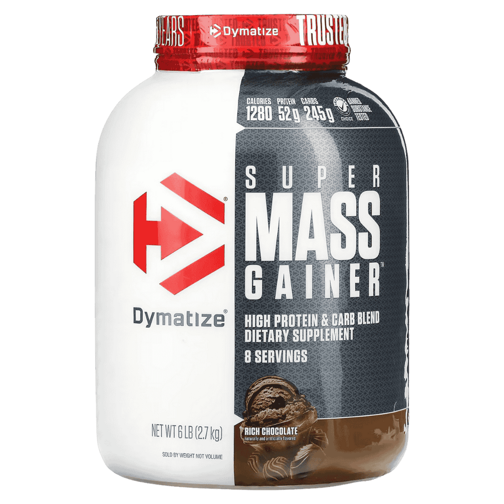 Pote de 6 libras de Super Mass Gainer de Dymatize, ganador de peso hipercalórico sabor rich chocolate.