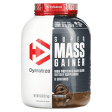 Pote de 6 libras de Super Mass Gainer de Dymatize, ganador de peso hipercalórico sabor rich chocolate.
