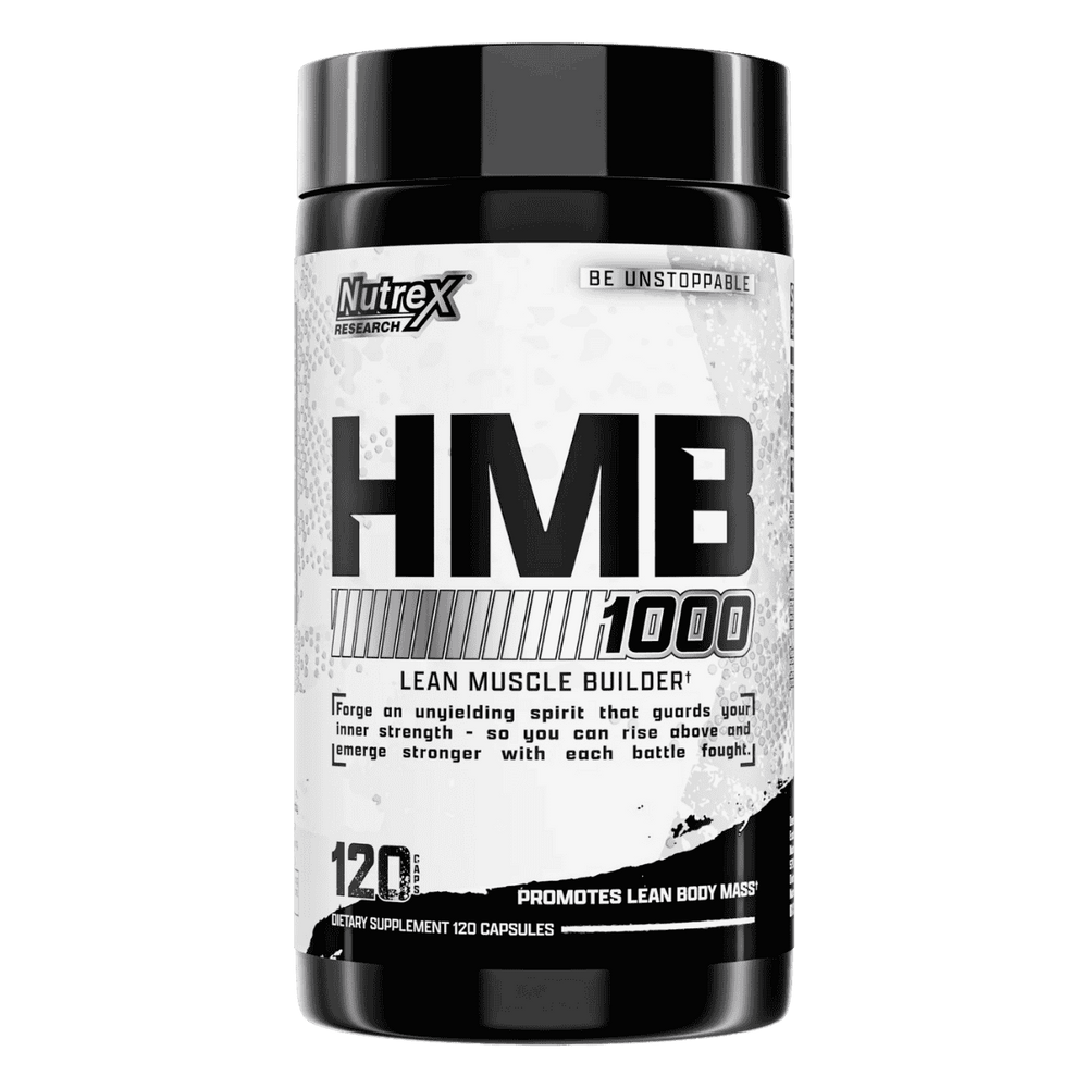 Frasco de HMB 1000 de Nutrex, 120 cápsulas de 1000mg por servicio.