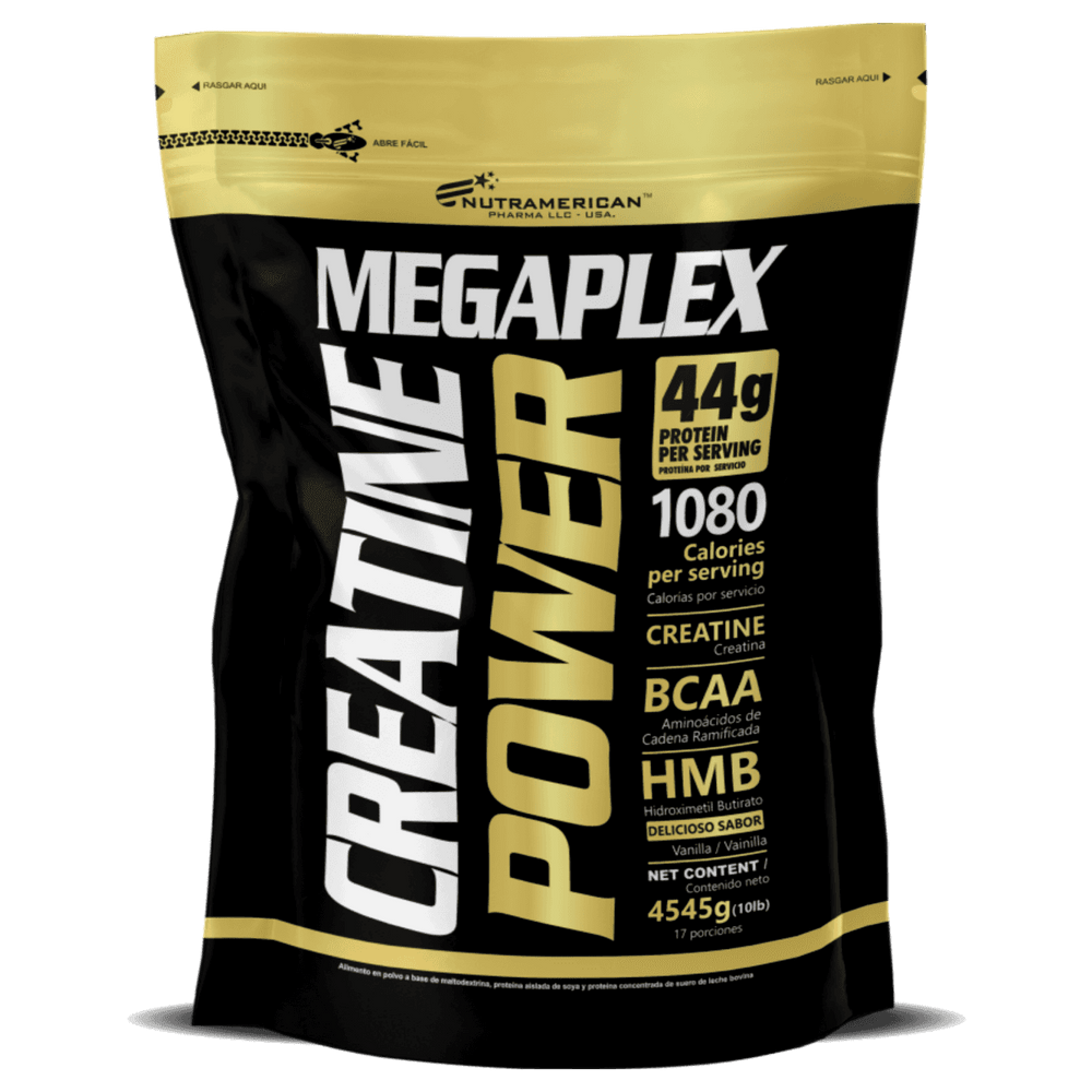 Pote grande de 10 libras de Megaplex Creatine Power, proteína hipercalórica sabor vainilla de Nutramerican.