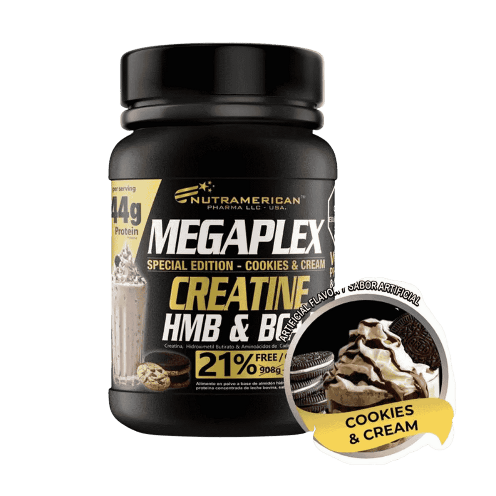 Pote de 2 libras de Megaplex Creatine Power de Nutramerican, sabor Cookies & Cream.