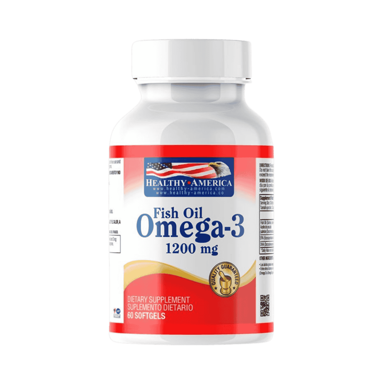 Frasco con 60 perlas de Omega-3 de 1200mg de Healthy America.