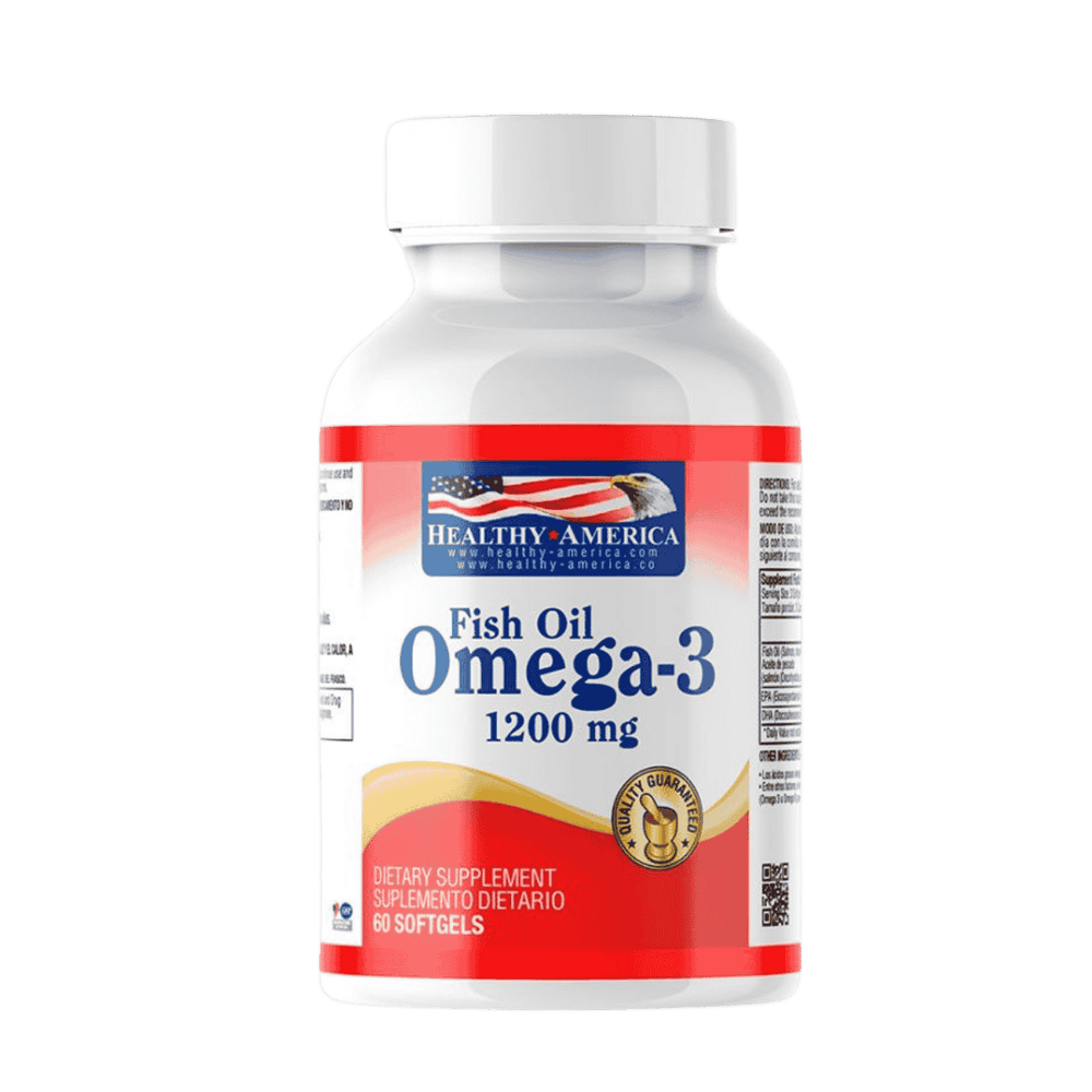 Frasco con 60 perlas de Omega-3 de 1200mg de Healthy America.