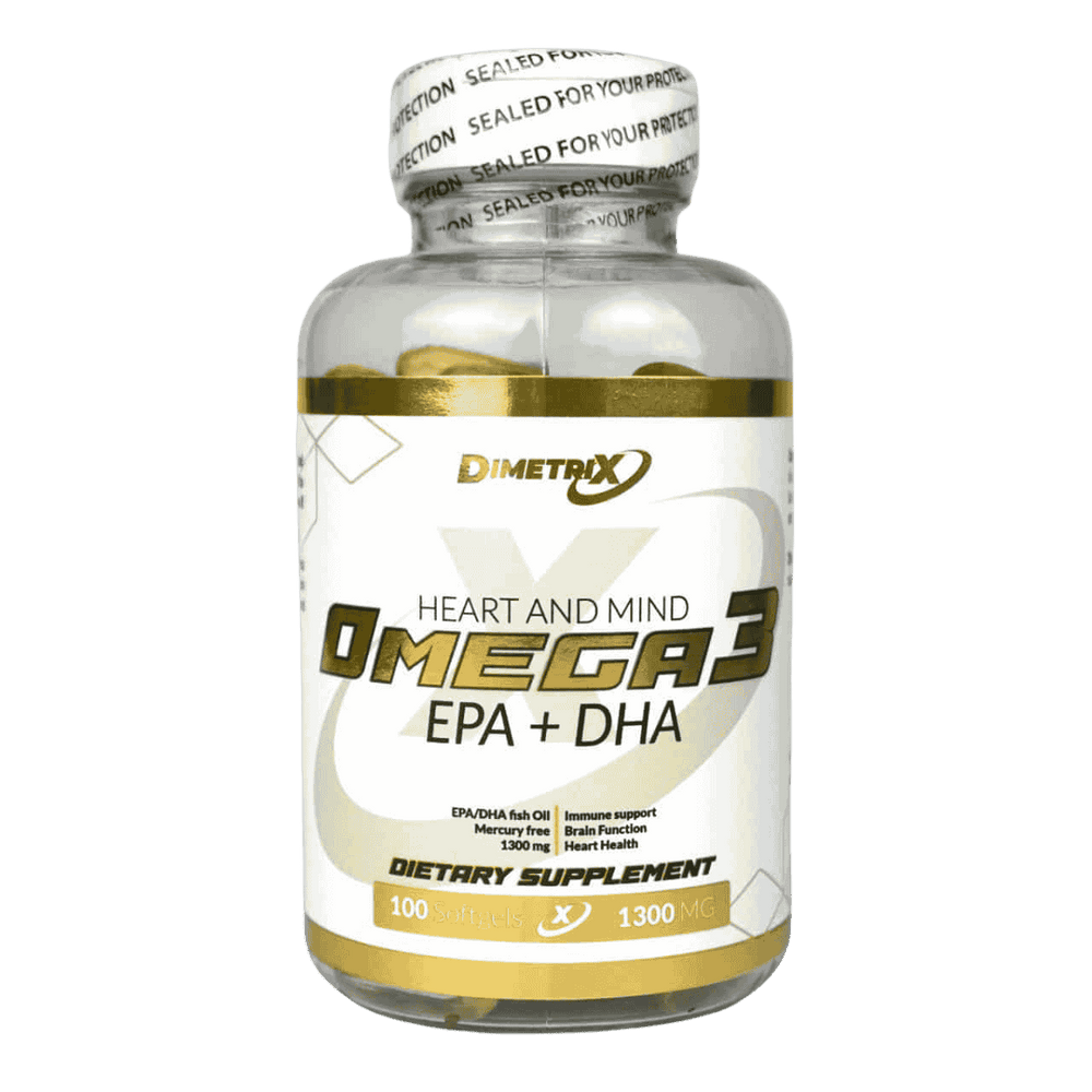 Frasco con 100 perlas de Omega 3 de la marca colombiana Dimetrix.