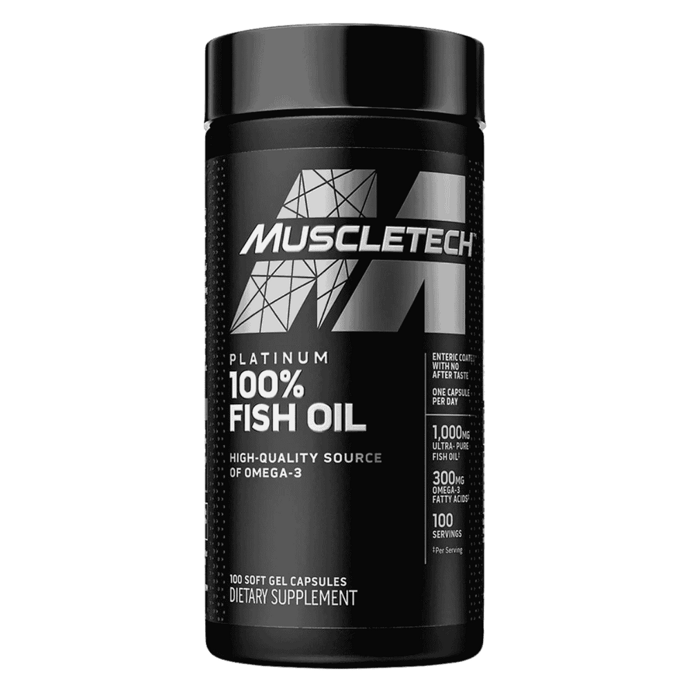 Frasco con 100 perlas de 100% Fish Oil Omega 3 de Muscletech.
