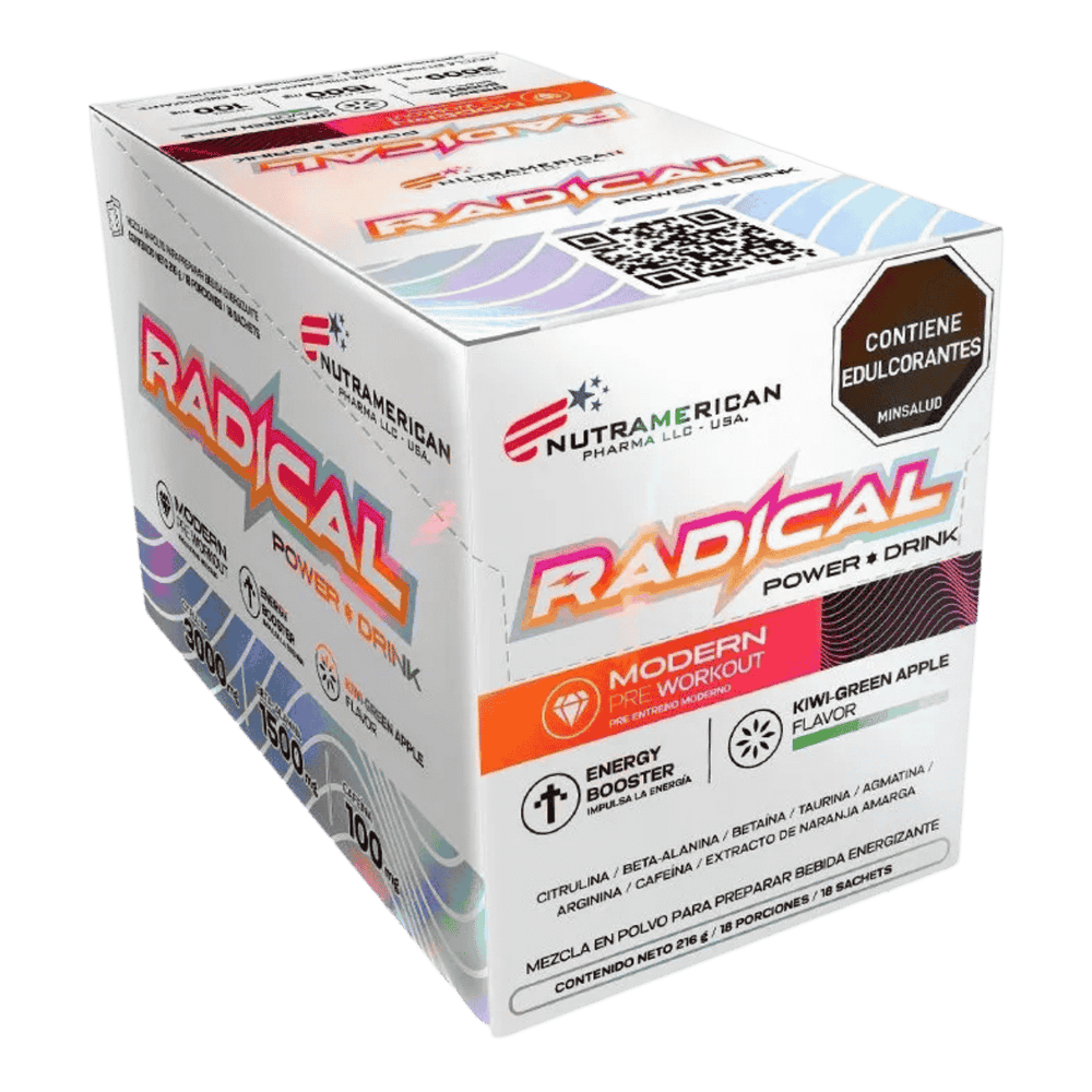 Caja con 18 sobres del pre-entreno Radical de Nutramerican.