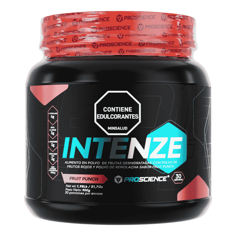 Pote de 30 servicios del pre-entreno Intenze de Proscience sabor fruit punch.