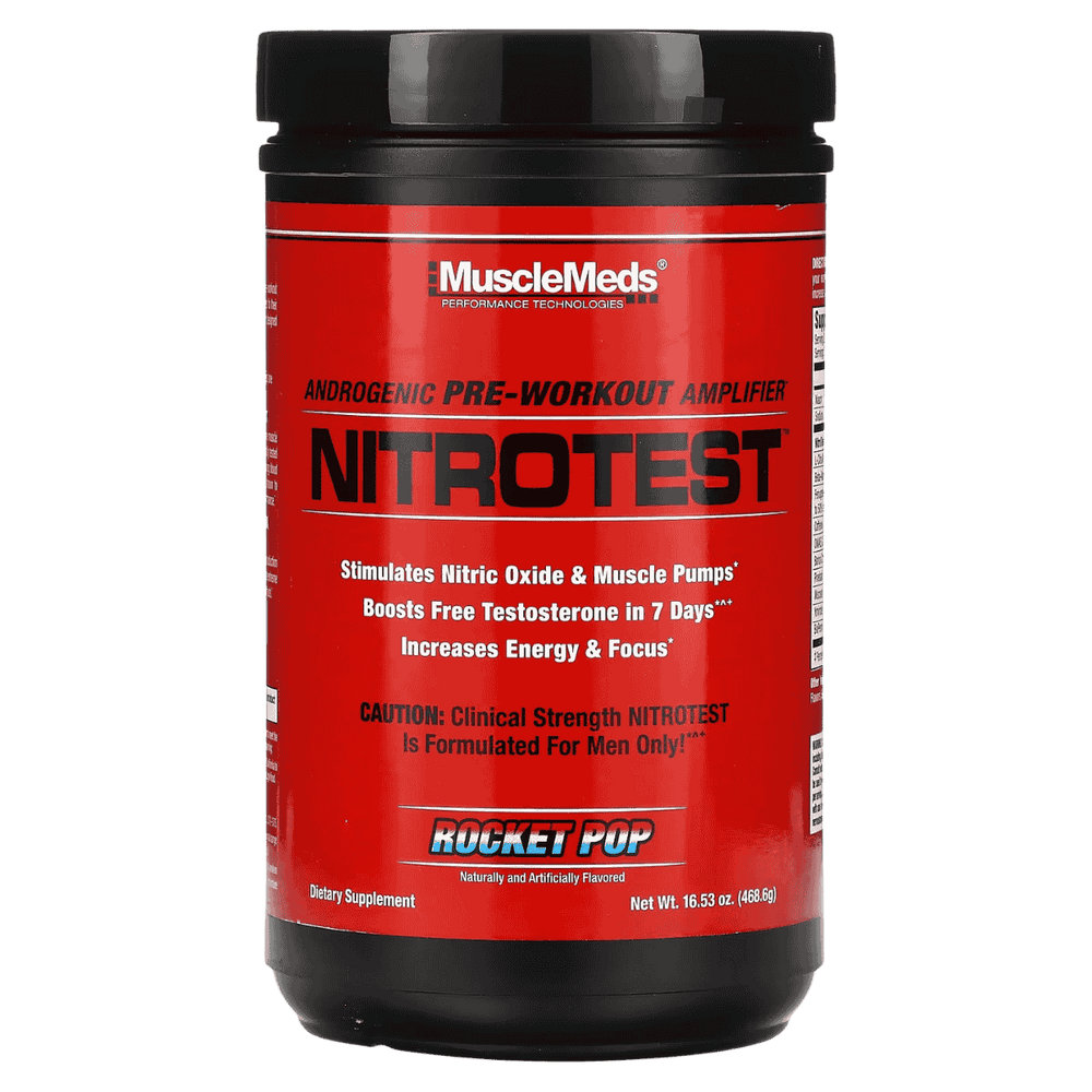 Pote de Nitro Test sabor rocket pop de MuscleMeds, 30 servicios de pre-entreno con testosterona y óxido nítrico.