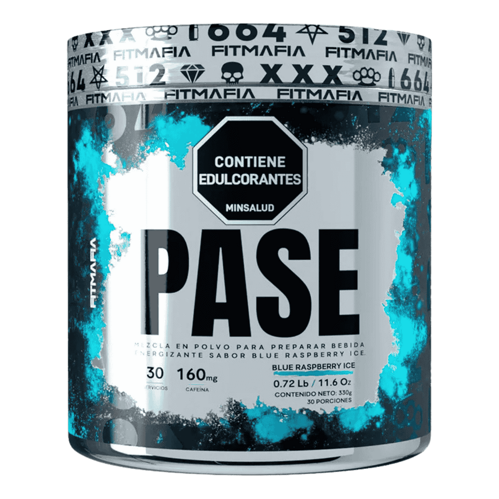 Pote de 30 servicios del pre-entreno Pase de Fitmafia sabor blue raspberry ice.